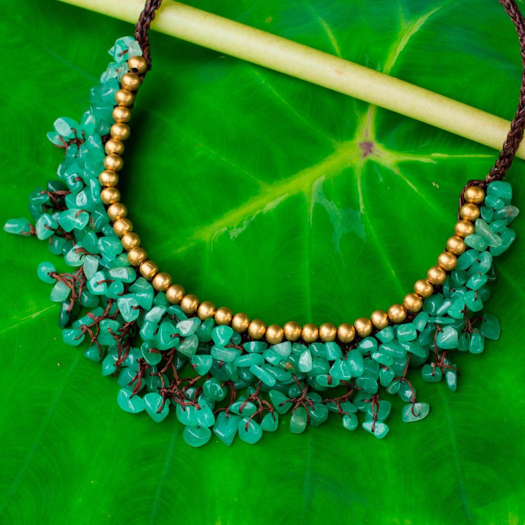 Beaded Cord Necklace with Green Aventurine and Brass, "Garden Party" Spring Jewelry