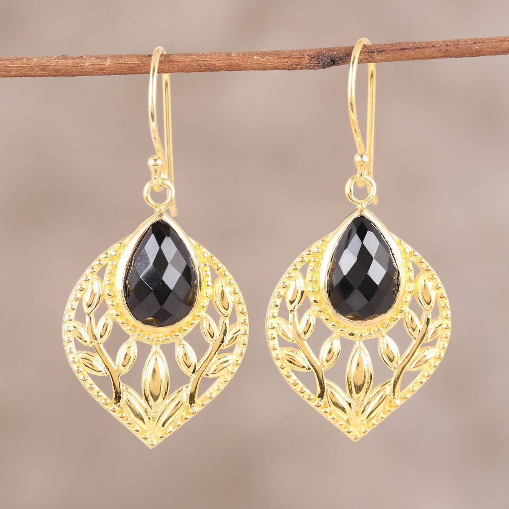 Gold Plated Faceted Black Onyx Openwork Leaf Dangle Earrings, "Glimmering Leaves" Spring Jewelry