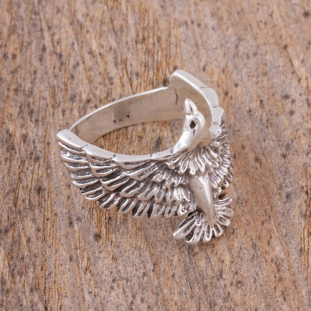 Men's Sterling Silver Eagle Ring from Mexico, "Bird in Flight" Spring Jewelry