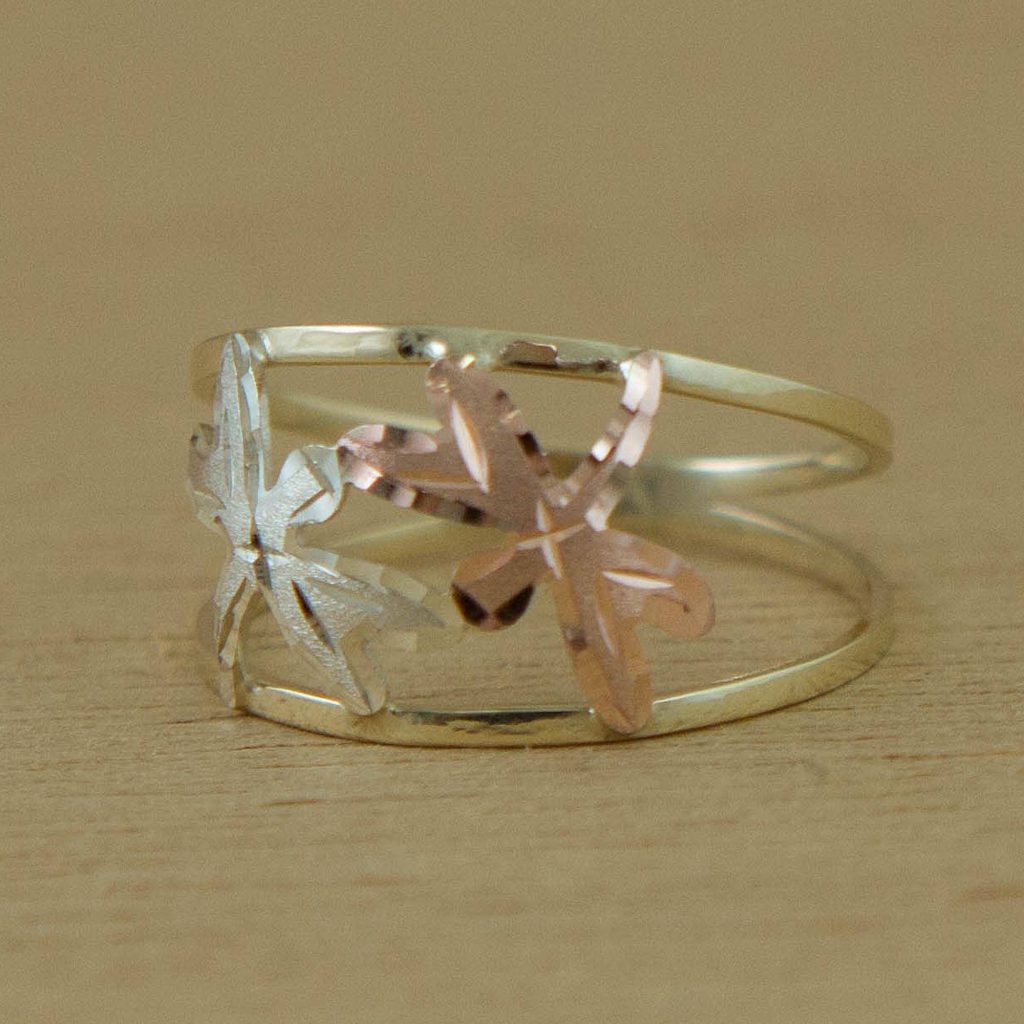 Yellow Rose and White Gold Dragonfly Band Ring from Brazil, "Dragonfly Encounter" Spring Jewelry