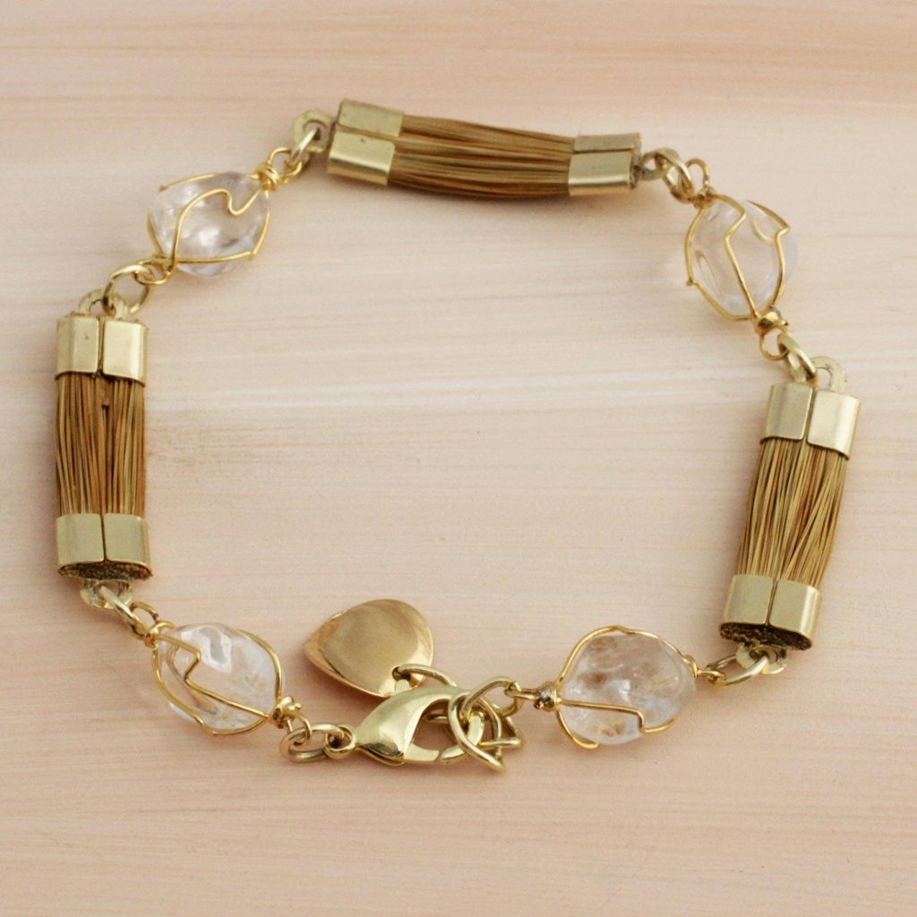 Golden Grass and Clear Quartz Link Bracelet, "Grassland" Spring Jewelry