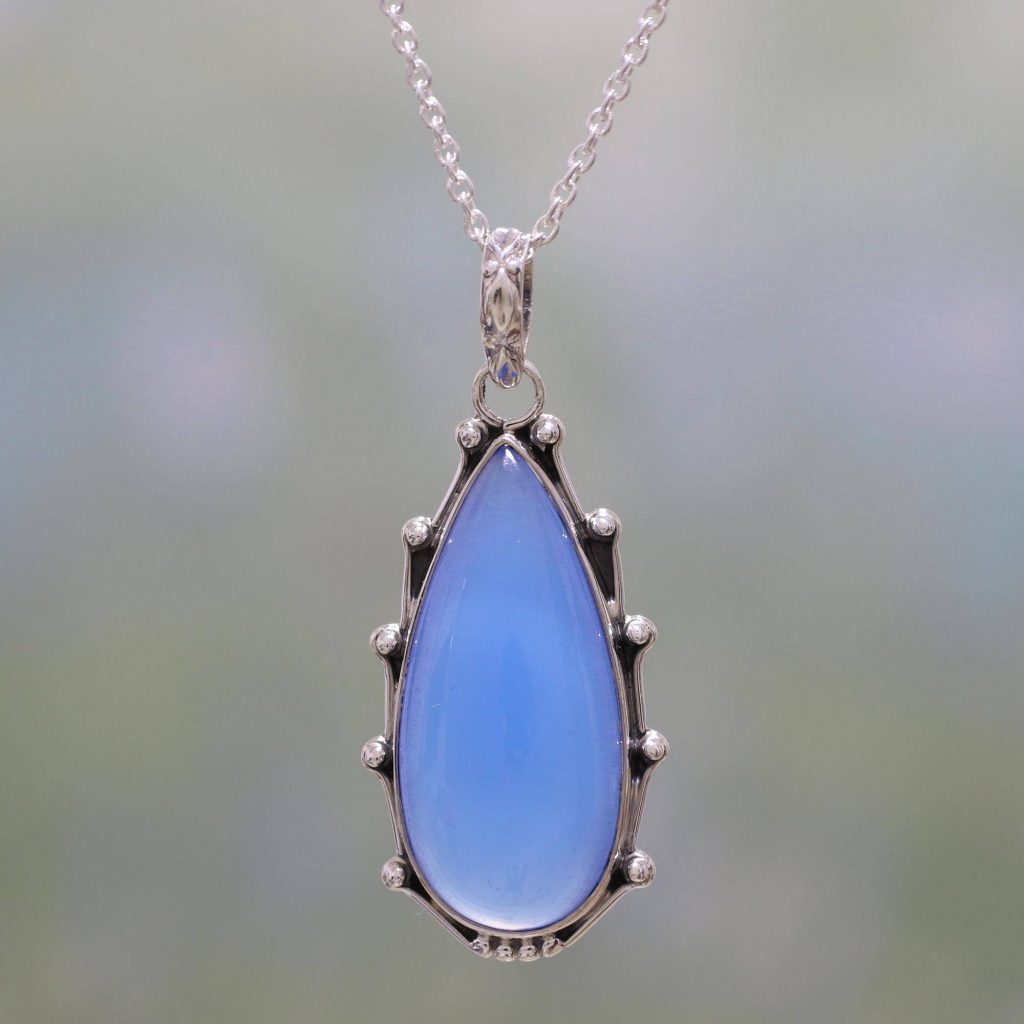 Chalcedony and Sterling Silver Pendant Necklace from India, "Peaceful Blues" Bridal Jewelry