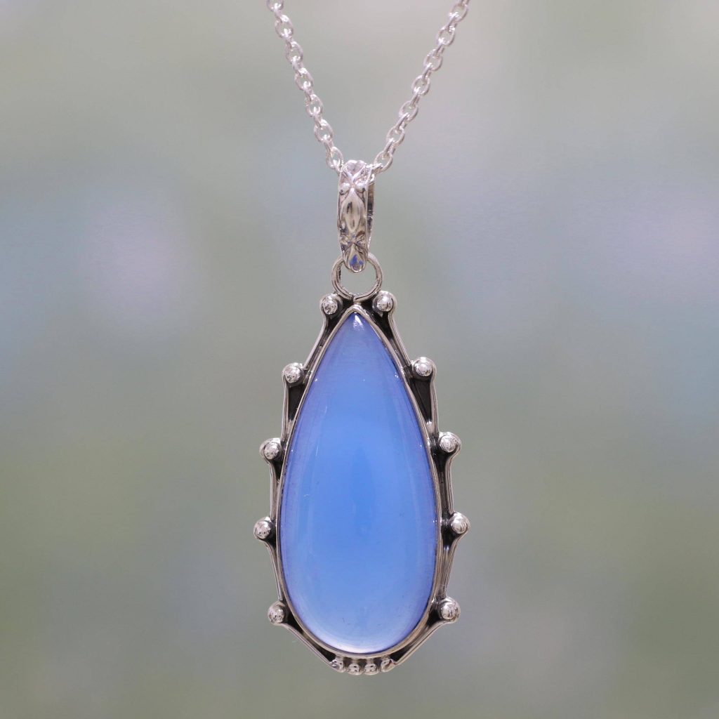 Chalcedony and Sterling Silver Pendant Necklace from India, "Peaceful Blues" Bridal Jewelry