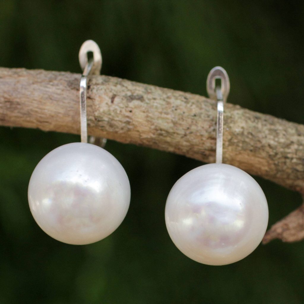 Fair Trade Cultured Freshwater Pearl Drop Earrings, "Pale Moon' Bridal Jewelry