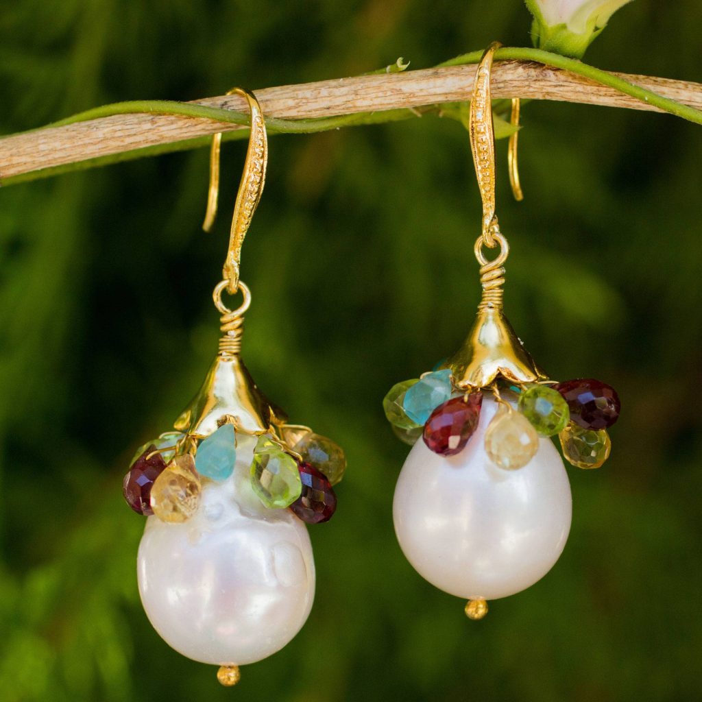 Multi Gems and Baroque Pearls on Gold Plated Earrings, "Rainbow Lily" Bridal Jewelry