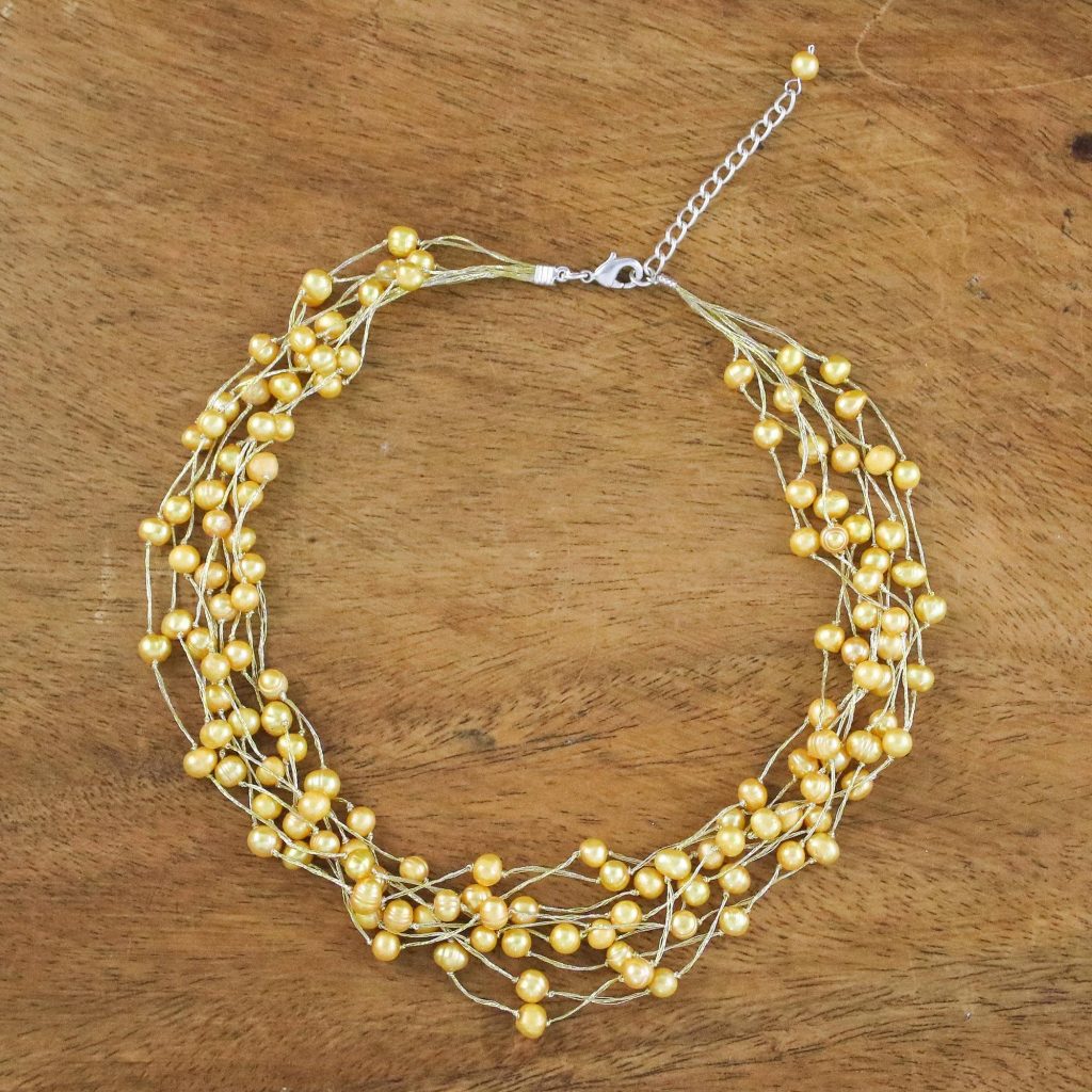 Pearl Strand Necklace Handmade in Thailand, "Golden Web of Beauty" Bridal Jewelry