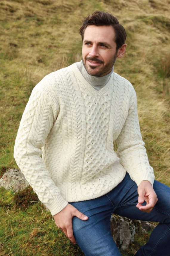 Men's Irish Aran Islands Wool V-Neck Sweater, "Cliffs of Inis Mor"