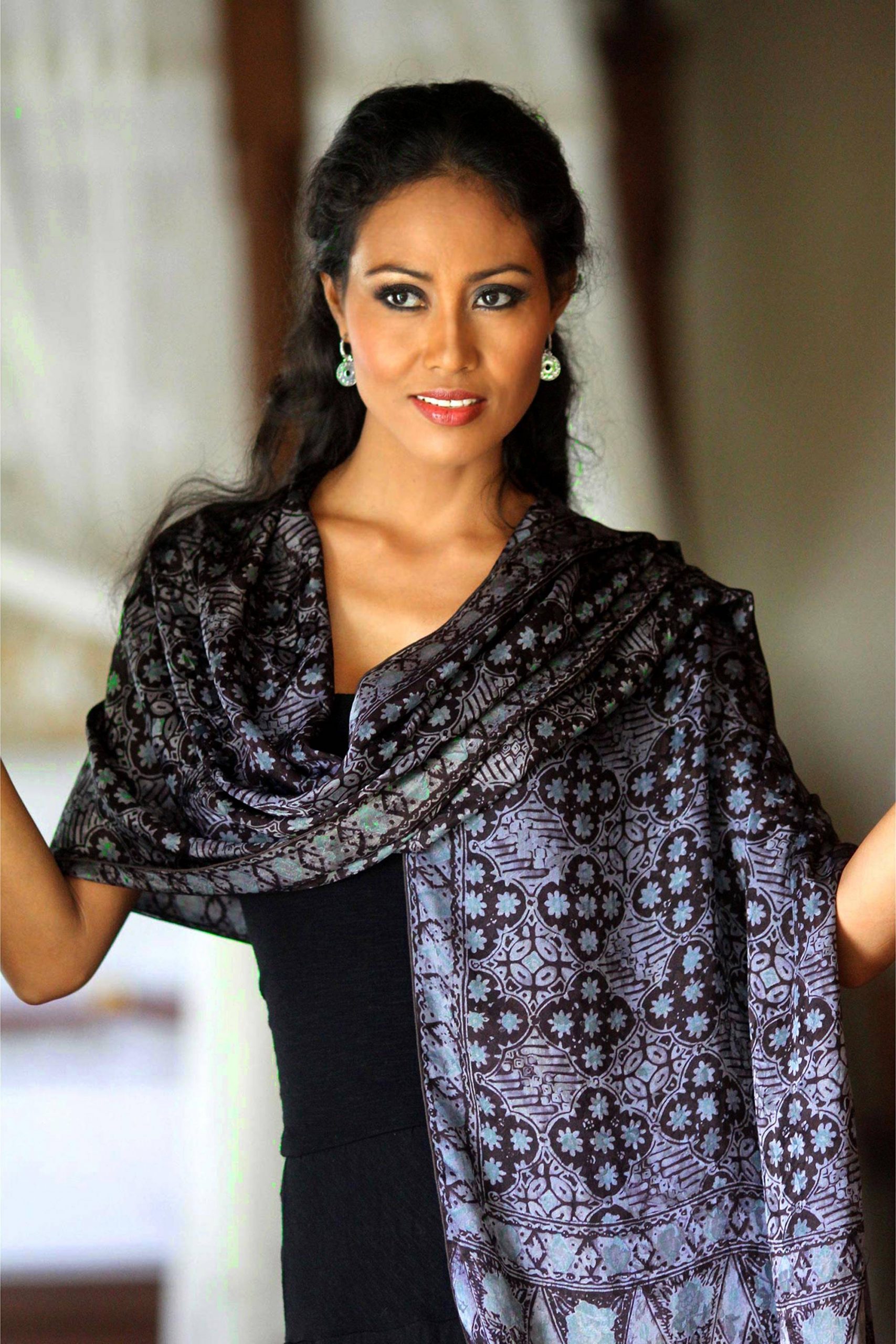 Batik Silk Shawl with Kawung Motifs from Bali, "Java Sea" Handmade shawls