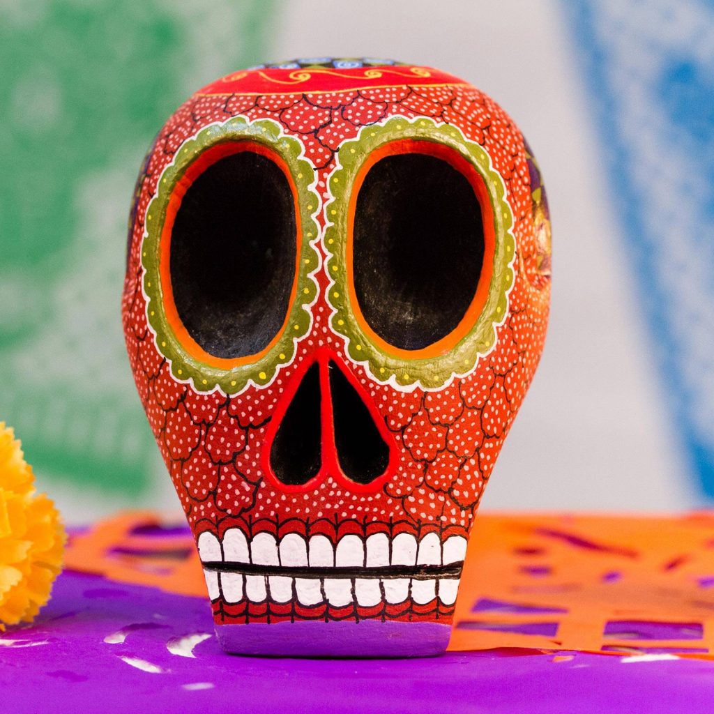 Mexican Hand Painted Terracotta Hue Wooden Skull Figurine, "Death and Folklore" Halloween & Dia de los Muertos