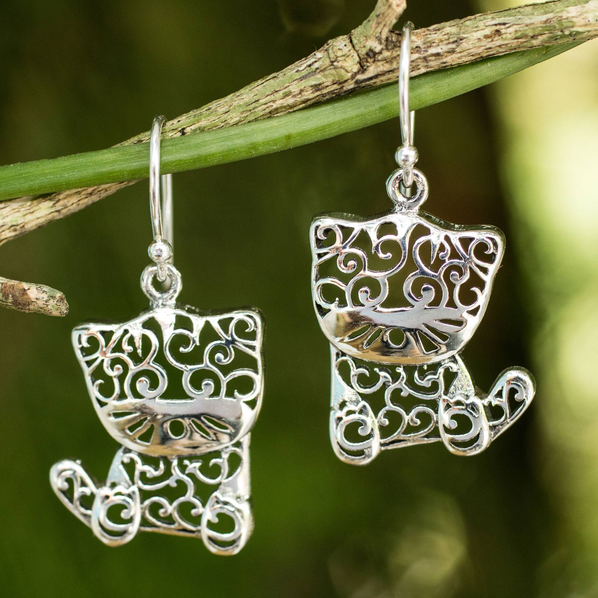 Sterling Silver Cat Earrings, "Filigree Kitten" Artistic Earrings