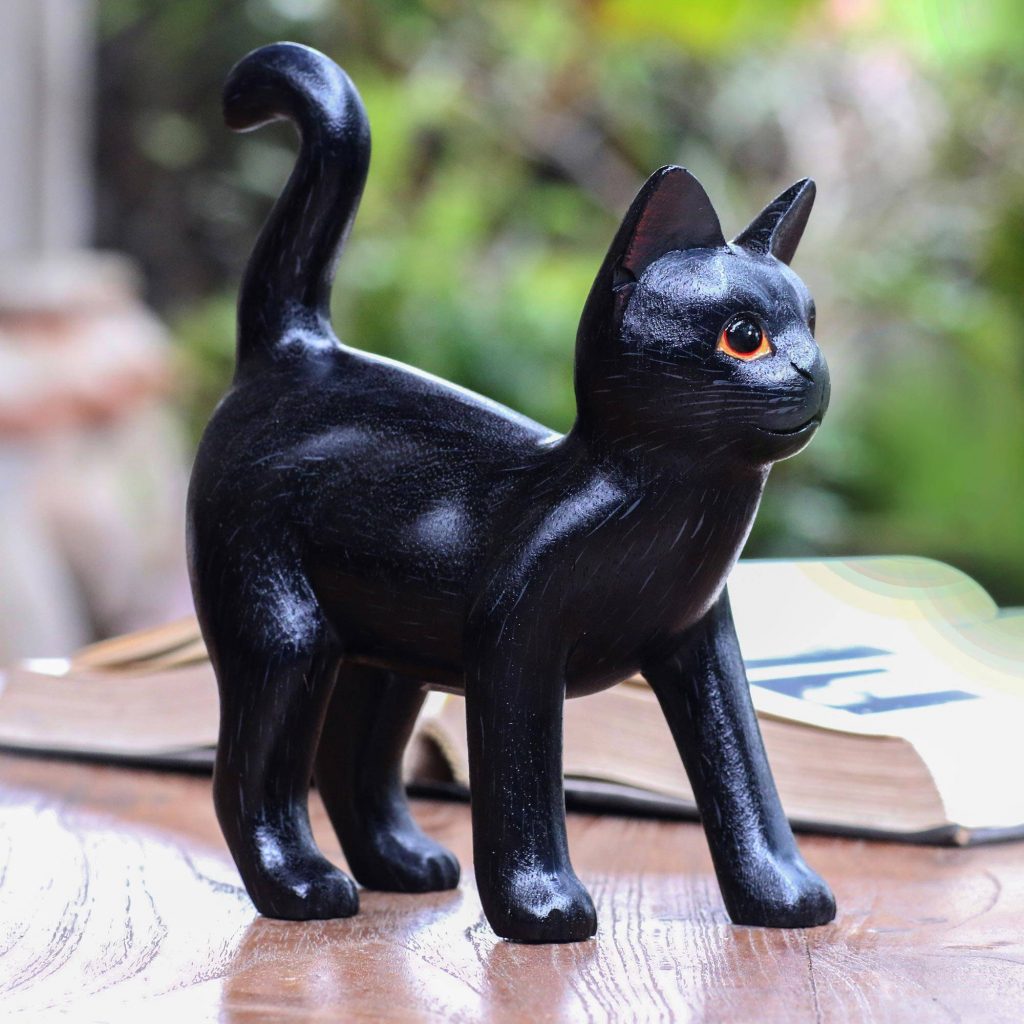 Cat Sculpture from Bali, "Curious Kitten in Black" Halloween Dia de Los Nuertos