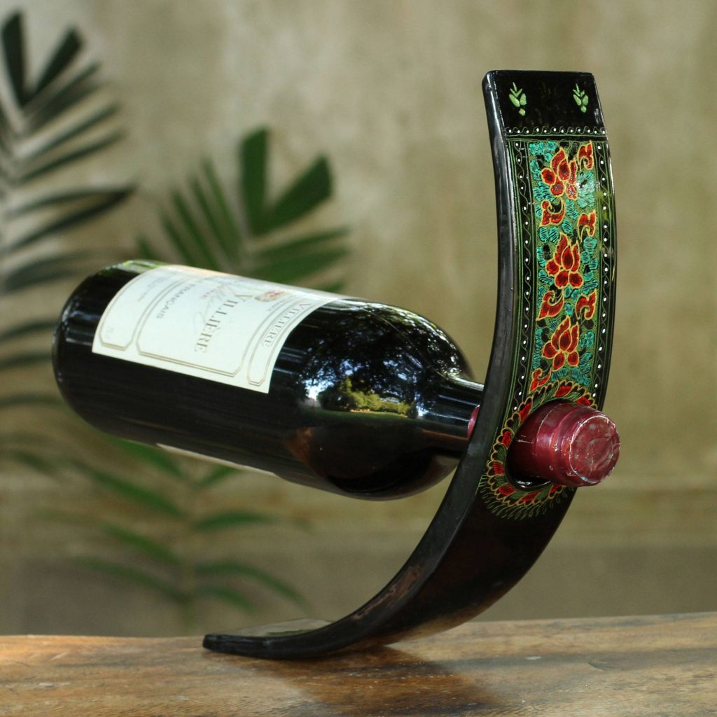 Black Lacquered Wood Wine Bottle Holder, "Thai Elegance" Unique Gifts