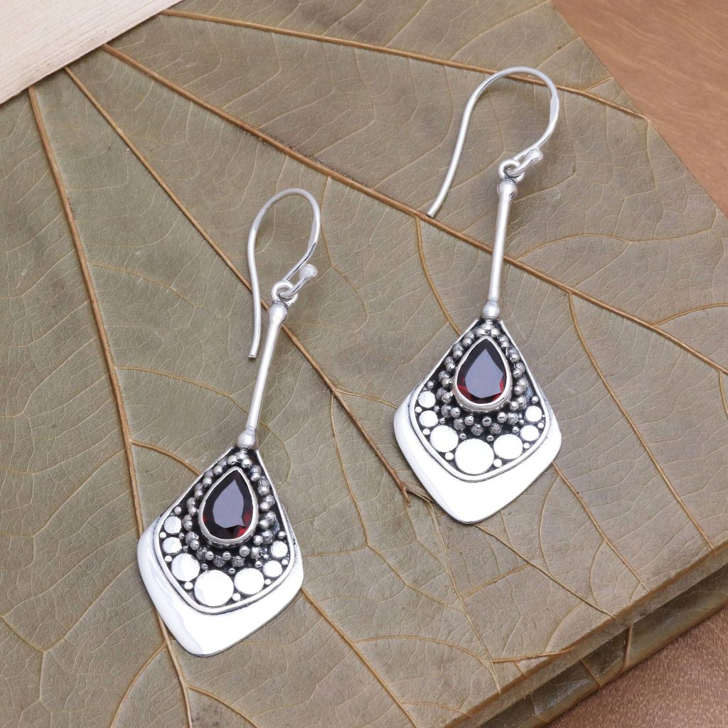 Garnet and Sterling Silver Dangle Earrings, "Elegant Arrangement" Jewelry Gift Guide