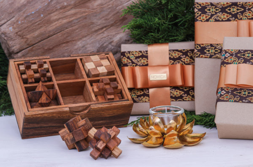 Gift Wrapped Boxes with our Wooden 'Puzzle Set' and 'Gleaming Lotus' Tealight Holder, both from Thailand Unique Gifts