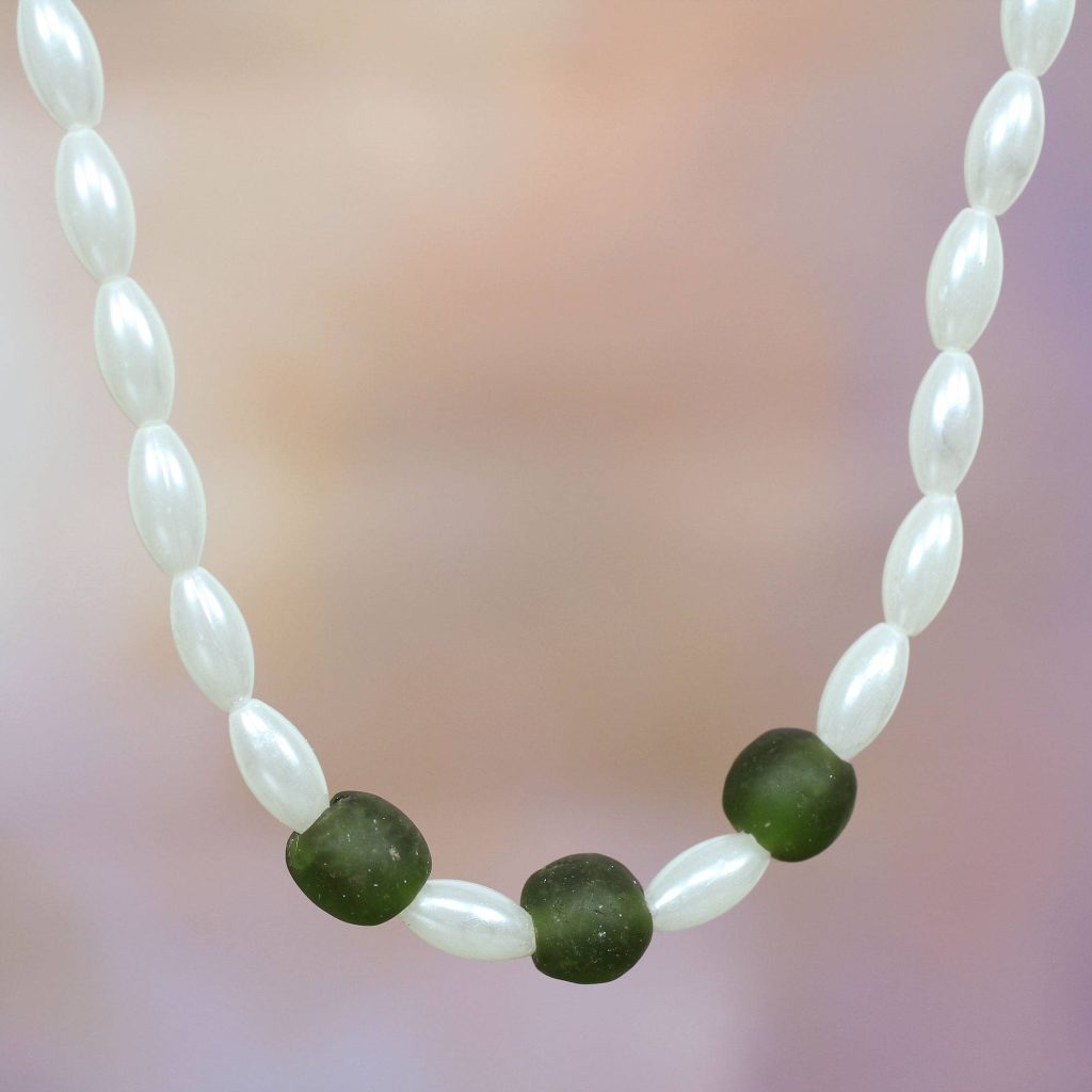 Green and White Recycled Glass Beaded Necklace, "Forest Cloud" Jewelry Gift Guide