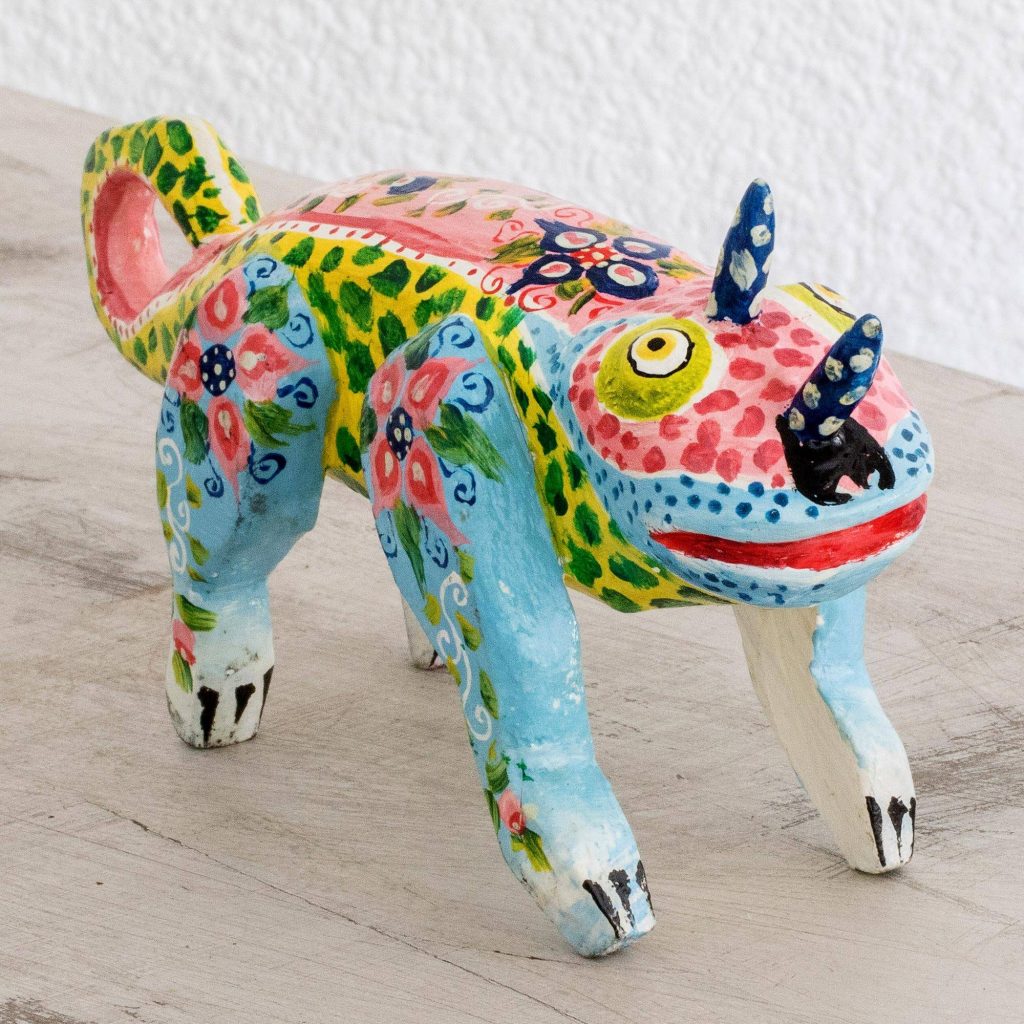 Hand-Painted Pinewood Chameleon Figurine from Guatemala, "Colorful Chameleon" Unique Gifts