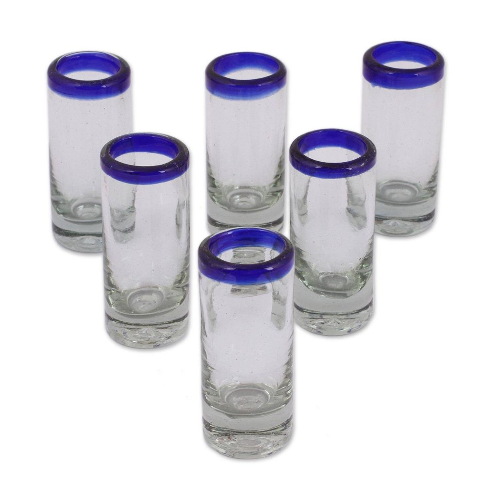 Unique Shot Glasses Handblown Recycled Glass Blue Rim Shot Glasses (set of 6), "Cobalt Classics"