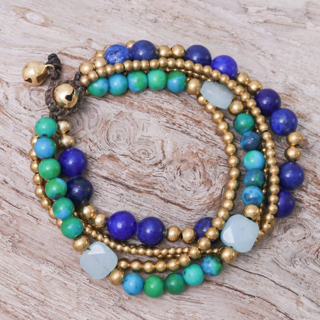 Handmade Beaded Bracelet with Lapis Lazuli and Serpentine, "Bohemian Melange" Jewelry Gift Guide