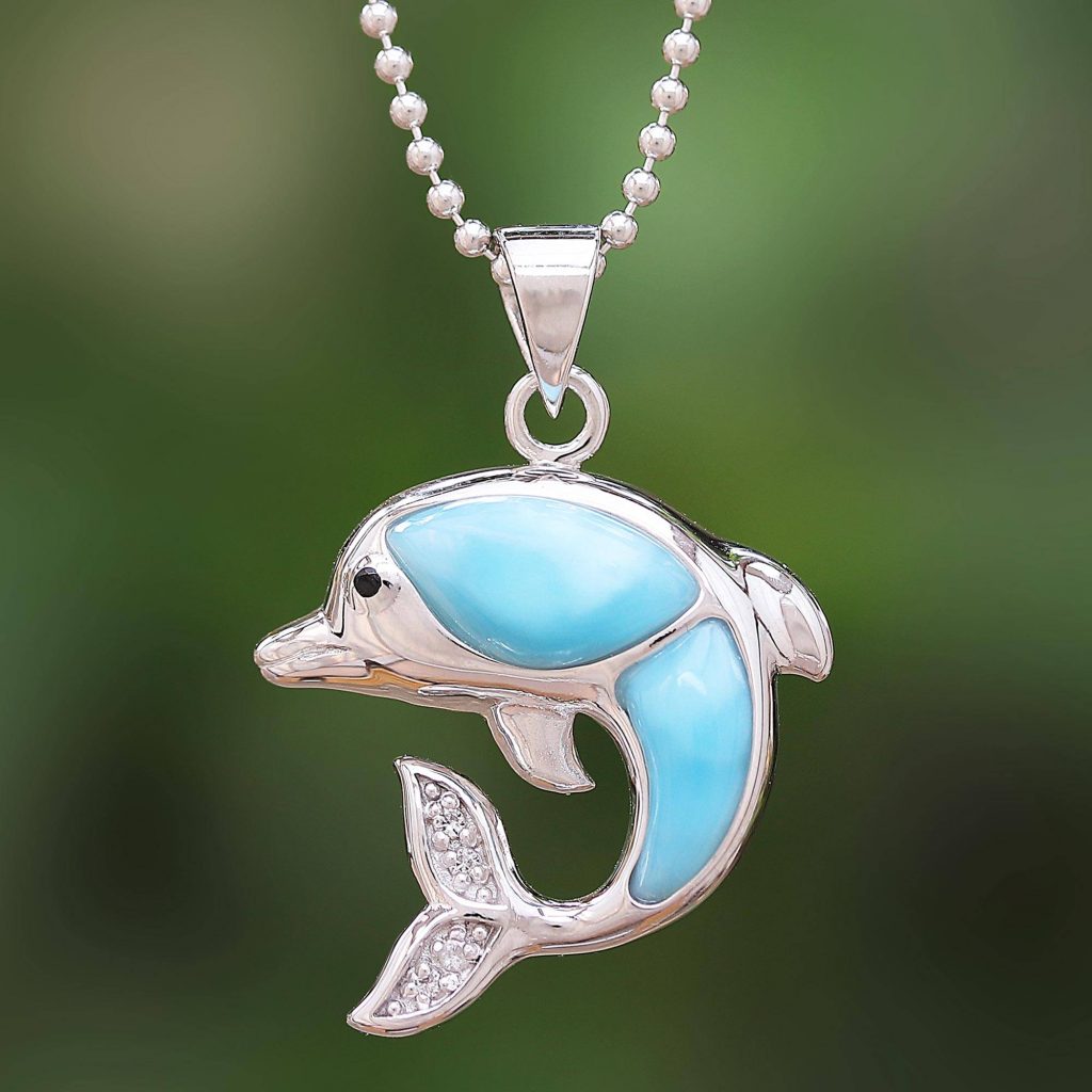 Larimar and Sterling Silver Leaping Dolphin Pendant Necklace, "Dolphin Leap" Jewelry Gift Guide