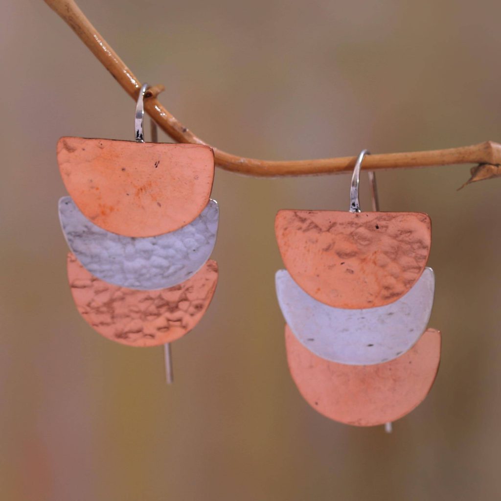 Semicircle Sterling Silver and Copper Dangle Earrings, "Modern Sunset" Jewelry Gift Guide