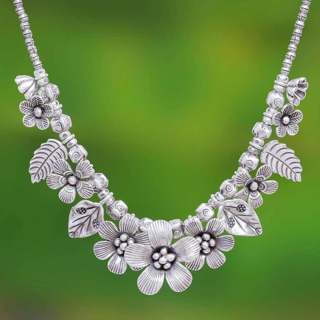 Sterling Silver Flower Motif Pendant Necklace from Thailand, "Nature's Miracle" Jewelry Gift Guide