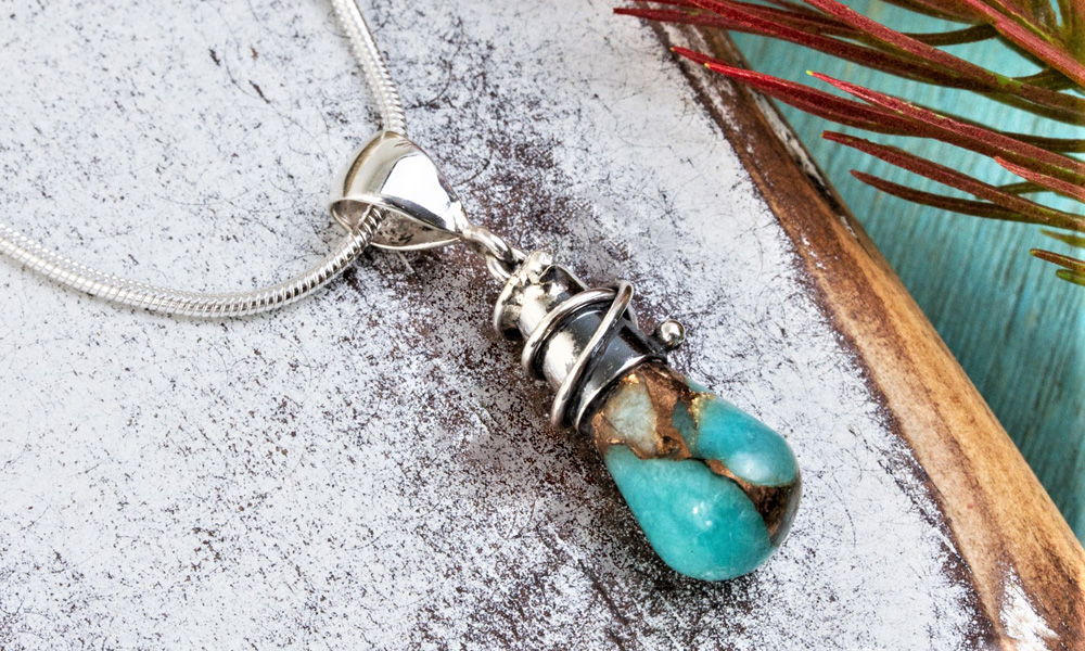 Knotted Lapis & Amazonite Stamped Leaf Necklace