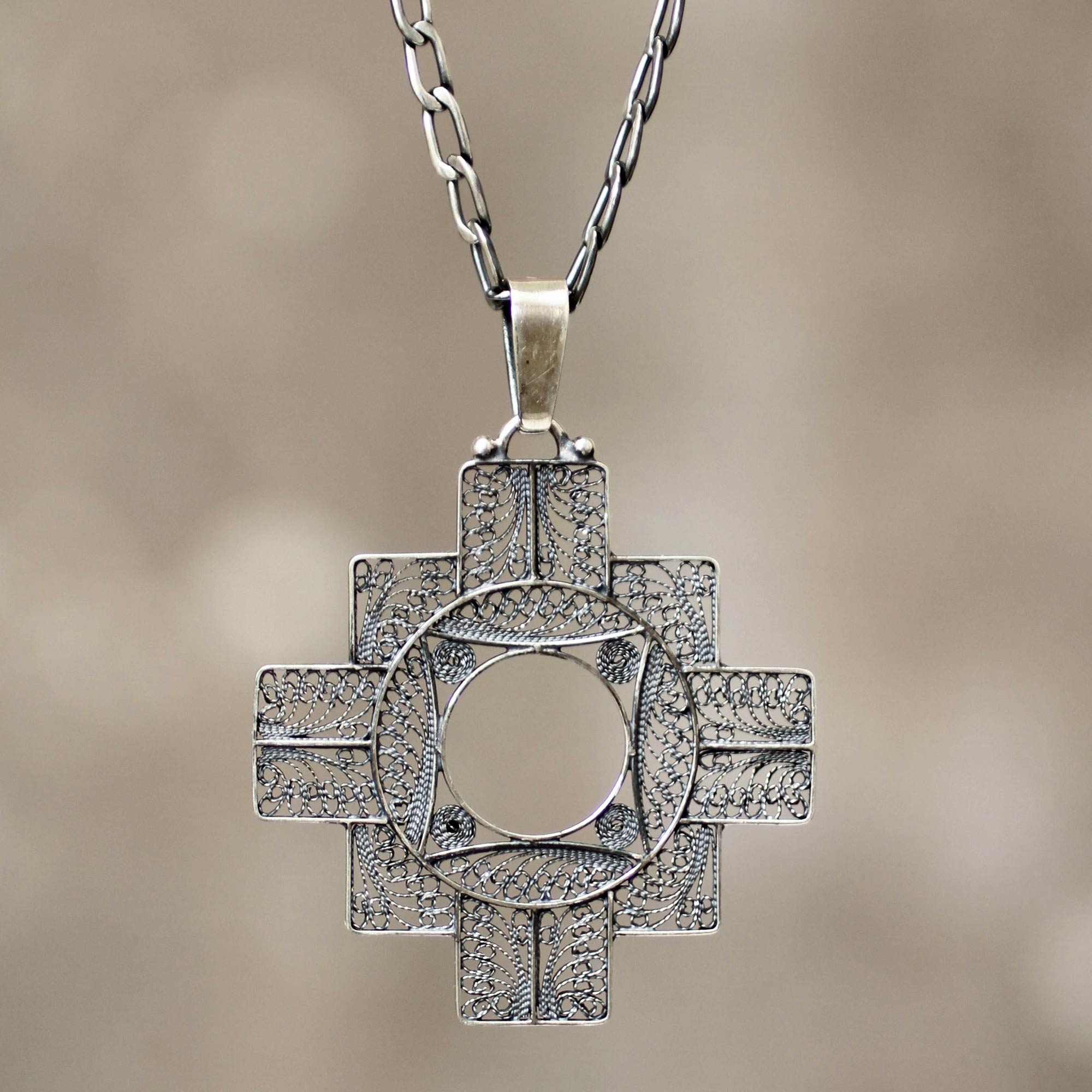 Fine Silver Filigree Pendant Necklace, "Astral Cross"