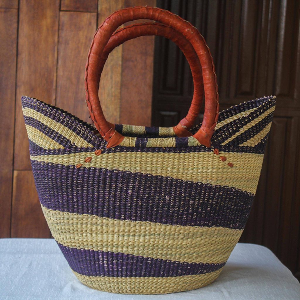 Artisan Crafted Purple Striped Raffia Basket Tote Bag, "Bawku Blue-Violet" Beach Day