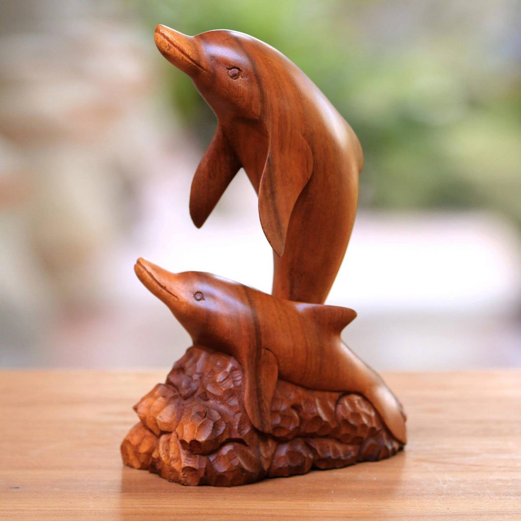 Carved Wood Sculpture, "Dolphin Generation" Beach Day