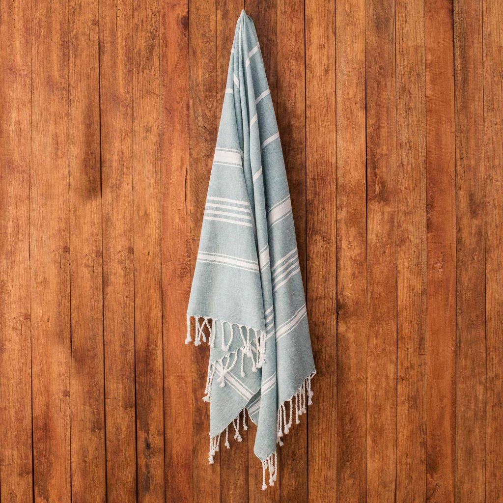 Beach Day Striped Cotton Beach Towel, "Sweet Relaxation in Teal"