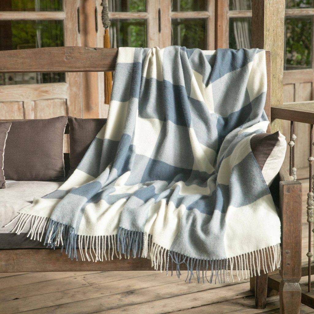 100% Baby Alpaca Throw in Azure from Peru, "Comfy Checks in Azure" Unique Wedding Gifts