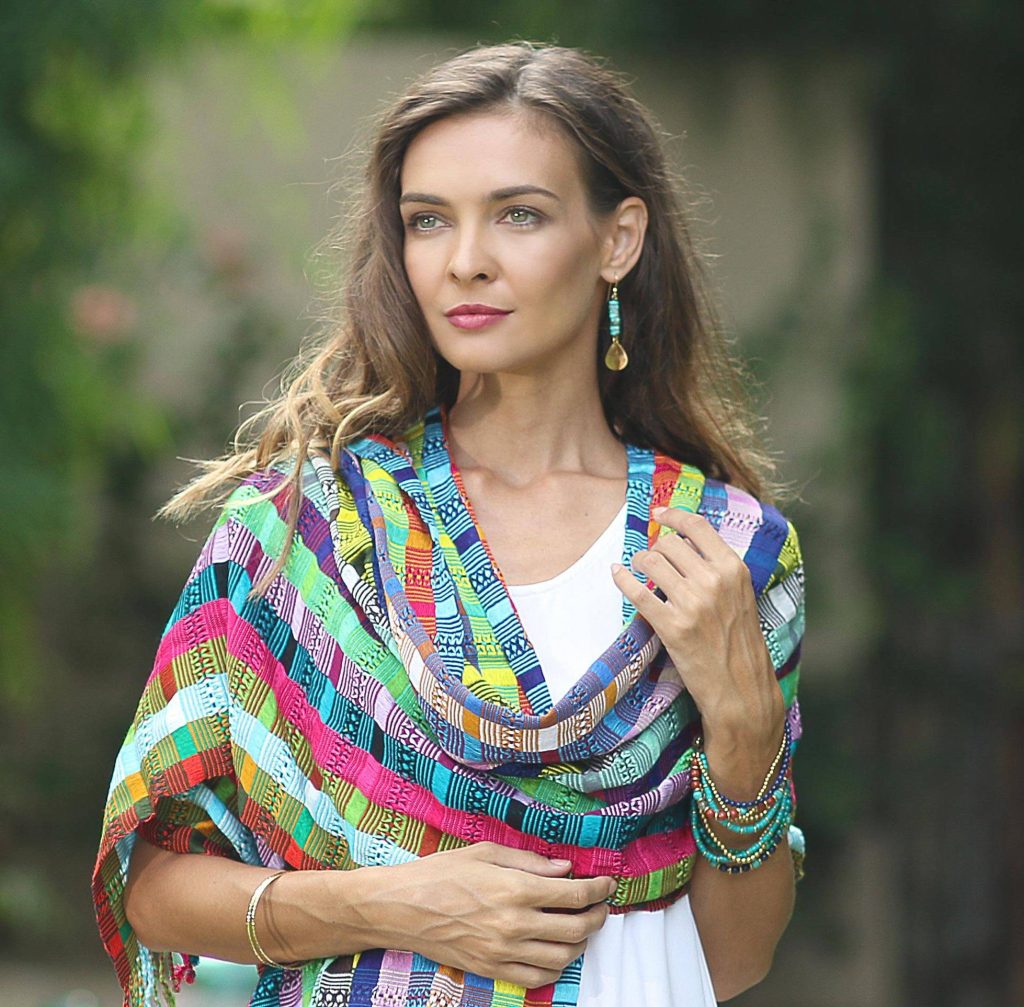 Artisan Crafted Colorful Cotton Shawl from Guatemala, "Festival of Color"