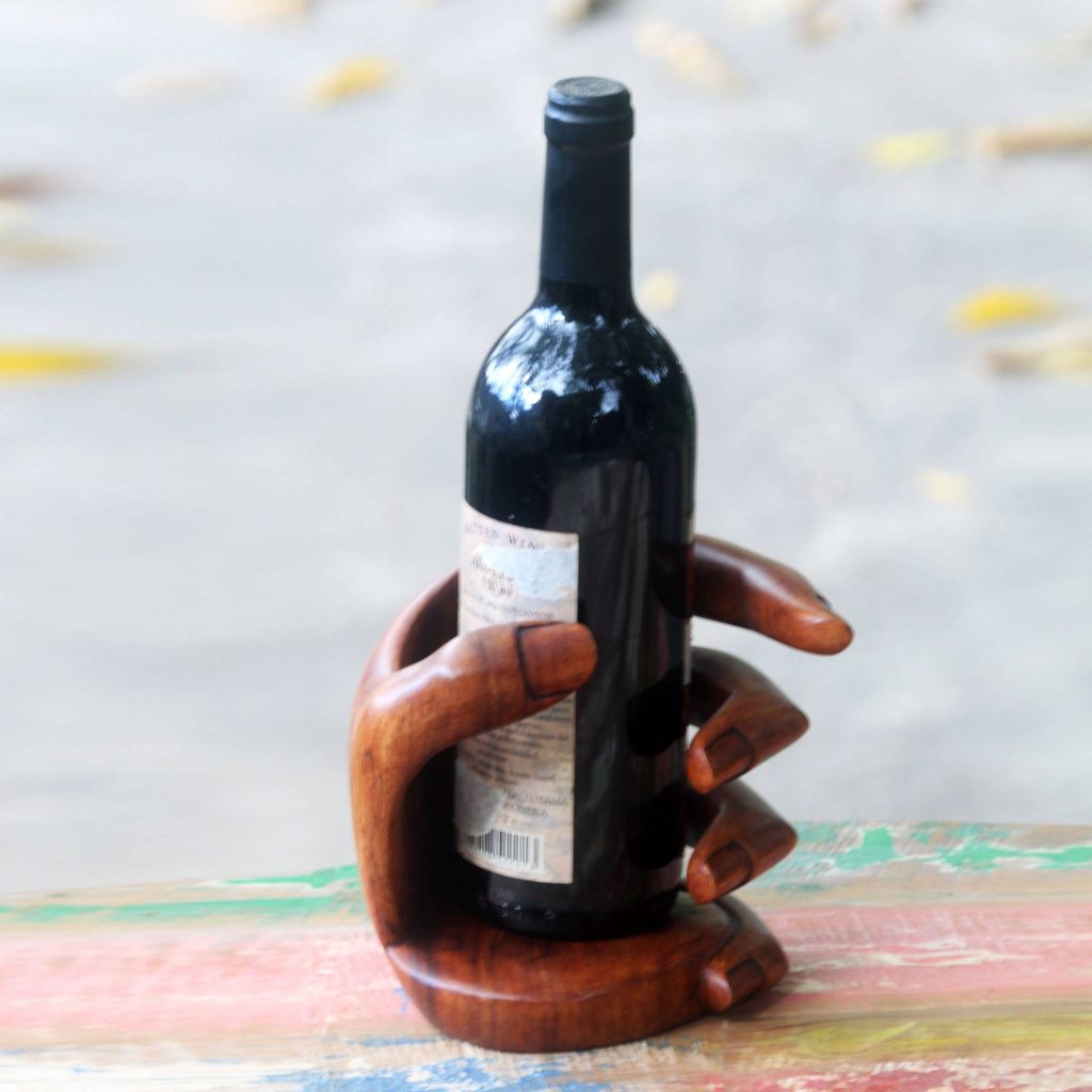 Balinese Signed Hand Carved Wood Wine Bottle Holder, "Hold Me" Cool Father's Day Gifts