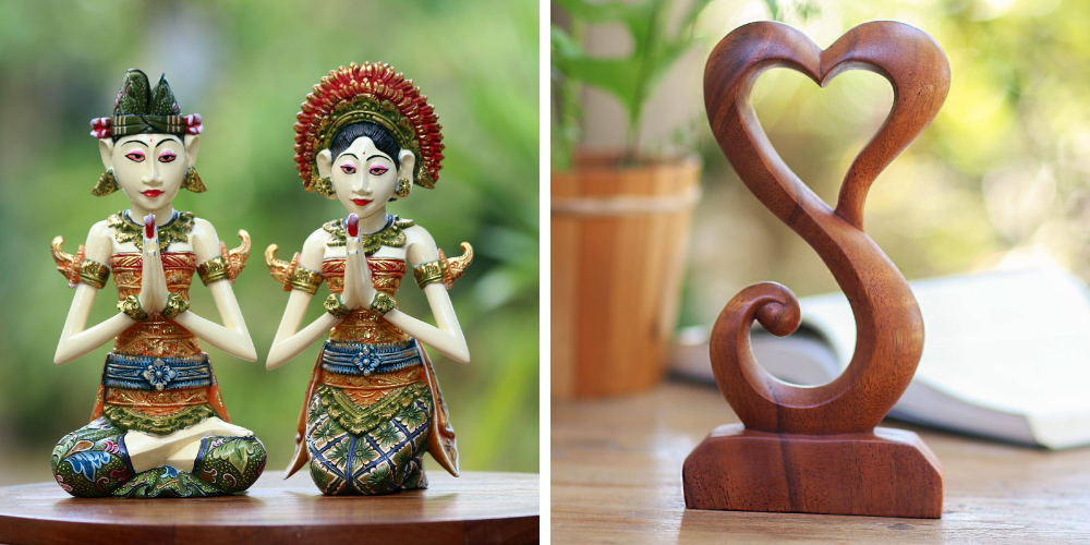 Bridal Shower Gifts Wood Sculptures (Pair), "Balinese Bride and Groom" and Suar Wood Open Heart Statuette Home Decor, "Tangled Love"