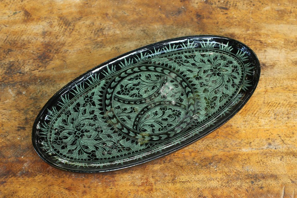 Green on Black Lacquered Catchall Tray, "Florid Fantasy" Unique Wedding Gifts