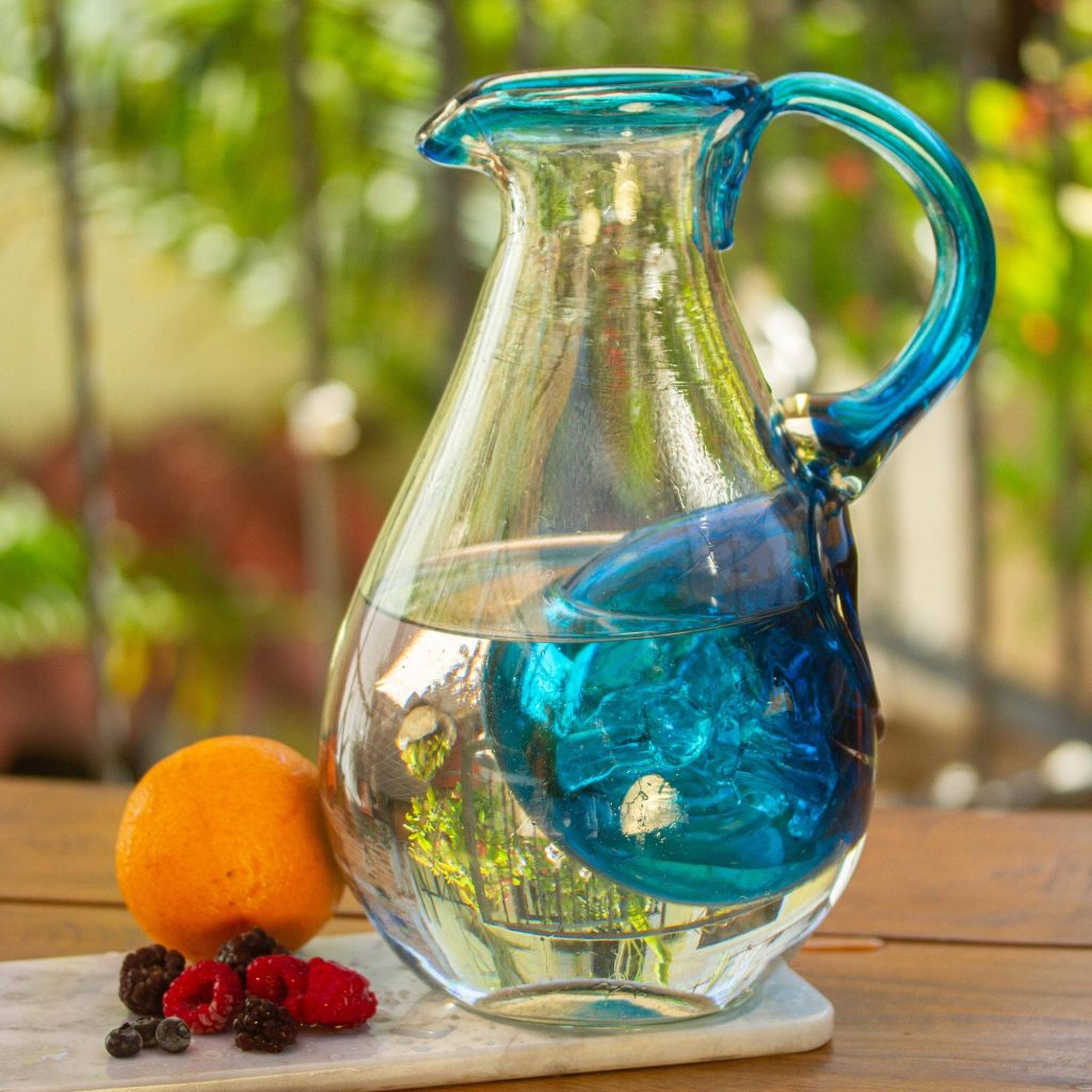 Hand Made Blown Glass Pitcher with Ice Chamber, "Fresh Caribbean" Unique Wedding Gifts