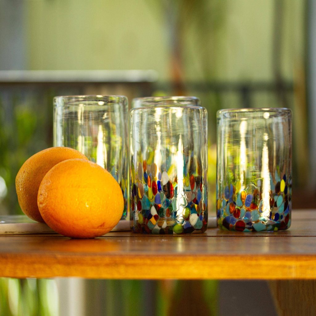 Handblown Recycled Glass Tumbler Drinkware (Set of 6), "Confetti Festival" Unique Wedding Gifts