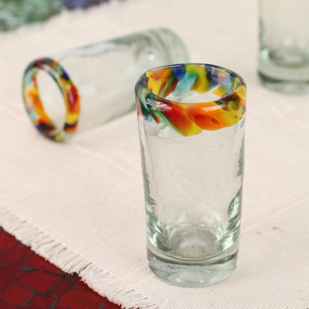 Handcrafted Blown Glass Tequila Shot Glasses (Set of 6), "Confetti Path"