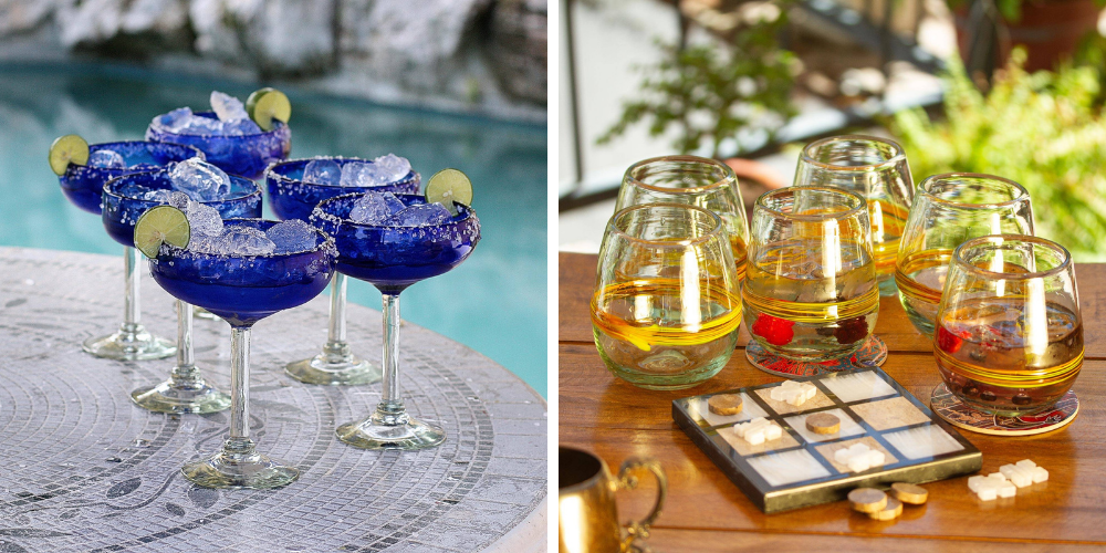 Handblown Glass Margarita Set, "Deep Blue" and Handblown Glasses, "Round Ribbon of Sunshine" Bridal Shower Gifts