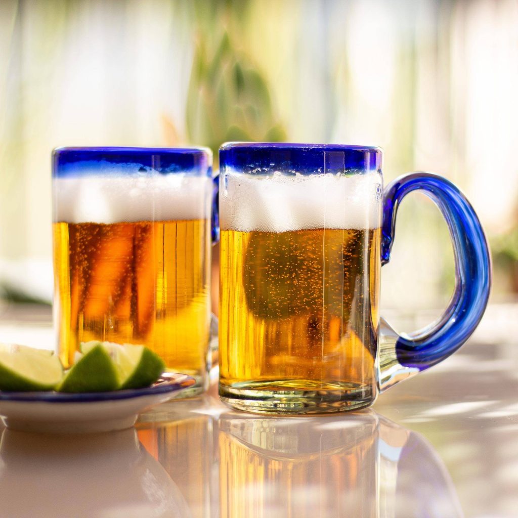 Mexican Beer Glasses with Cobalt Handle and Rim (Set of 6), "Cobalt Beer" Cool Father's Day Gifts