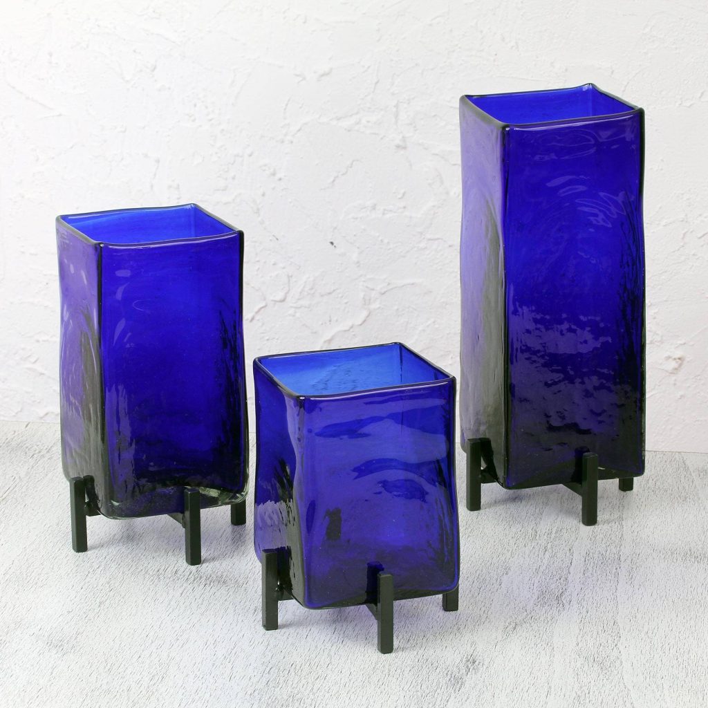 Mexican Handblown Glass Vases with Stands Set of 3, "Blue Hurricane" Unique Wedding Gifts