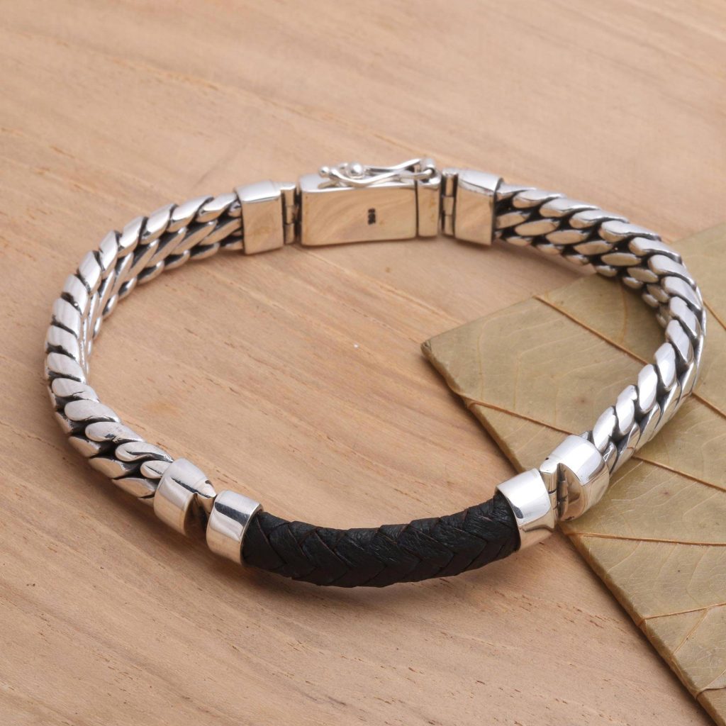 Polished Sterling Silver and Leather Men's Bracelet, "Bridge in Black" Cool Father's Day Gifts