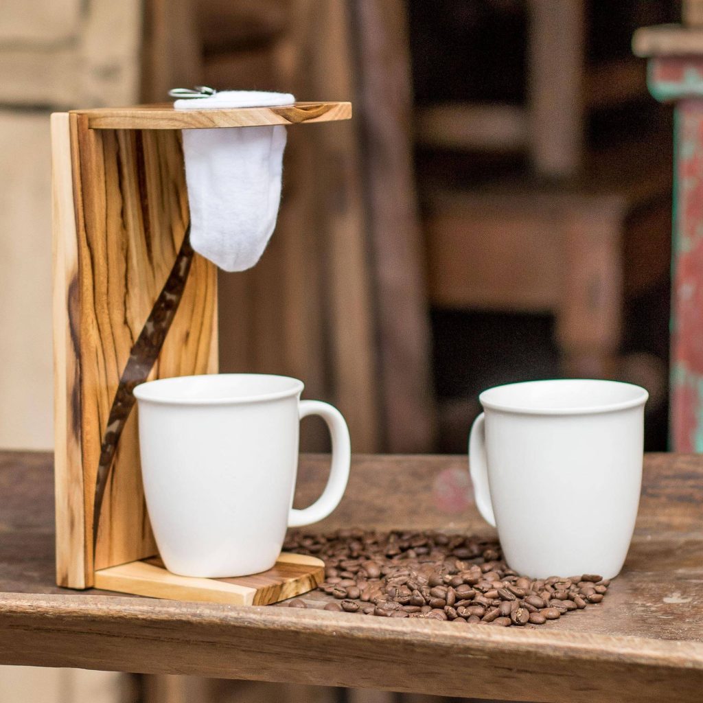 Teak Wood and Resin Single-Serve Drip Coffee Stand, "Fresh Beans" Cool Father's Day gifts