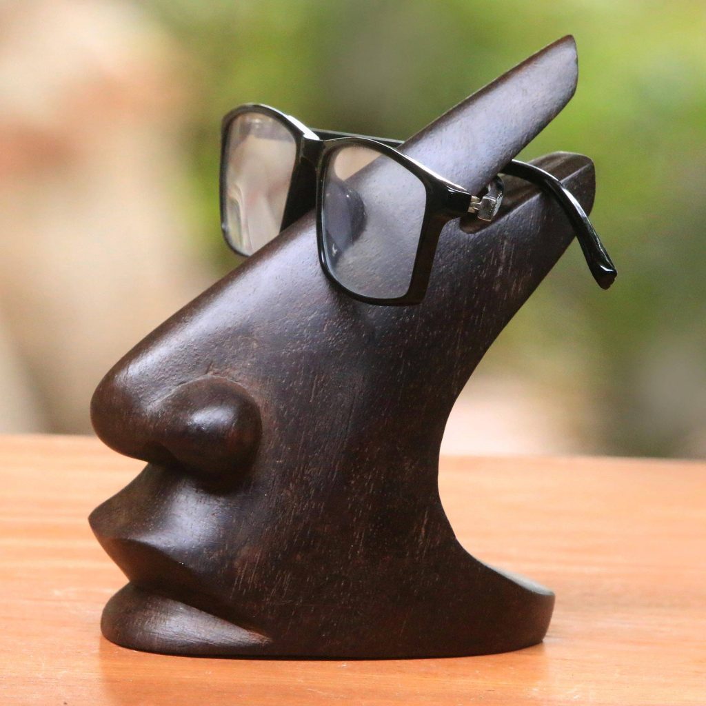 Wood Eyeglasses Stand in Dark Brown from Bali, "Prominent Nose in Dark Brown" Cool Father's Day Gifts