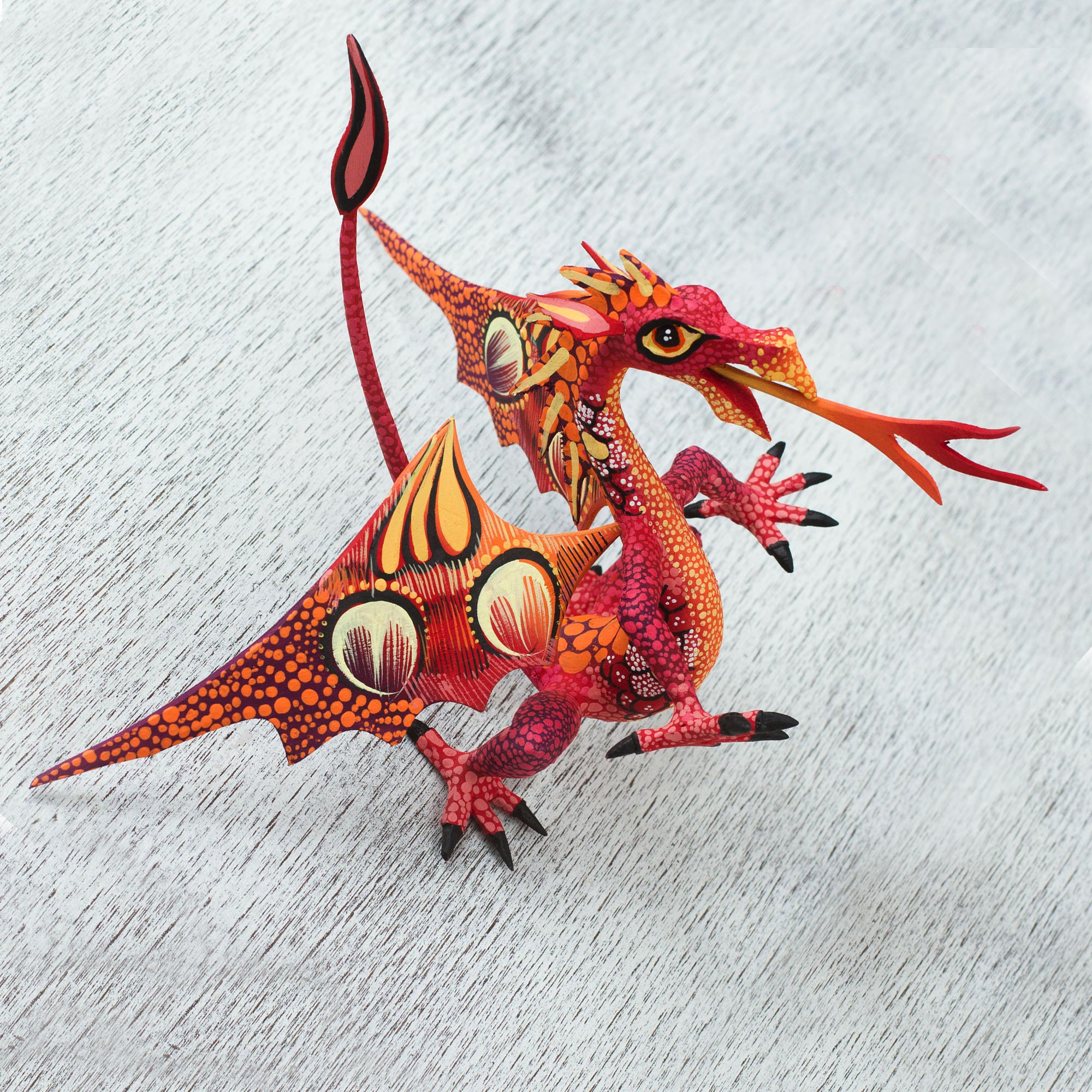 Copal Wood Dragon Alebrije Sculpture in Red and Orange, "Mexican Dragon in Red"