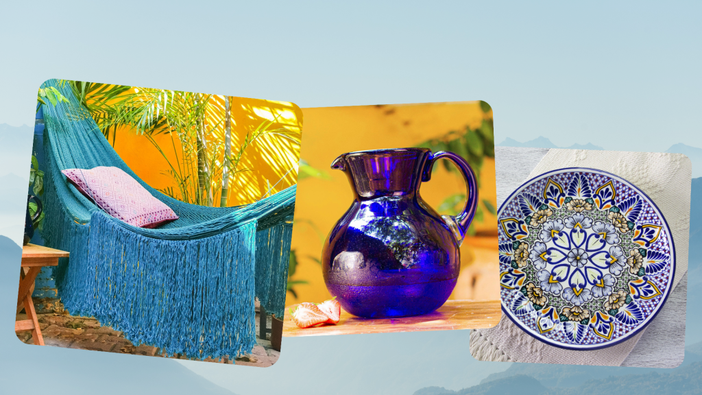 Mexican Art "Caribbean Blue Cascade" Cotton Hammock; "Cobalt Light" Handblown Recycled Glass Pitcher and "Sunshine Kaleidoscope" Talavera-Style Serving Plate