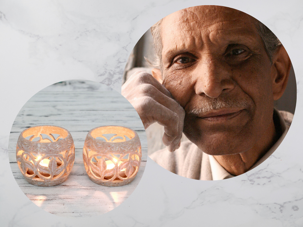 Gulam Rasool with his "Fig Leaf" Soapstone Candleholders Indian carvers