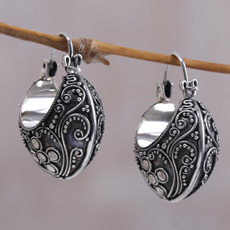Floral Sterling Silver Hoop Earrings, 'Bali Paradise'